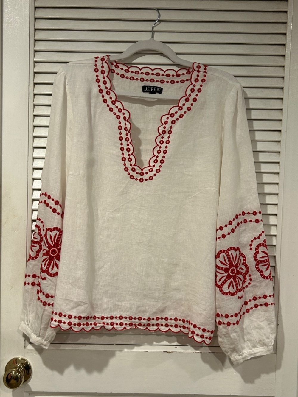 J. Crew Bungalow Red Embroidered White Linen Tunic. Women's Size Large - Picture 4 of 16